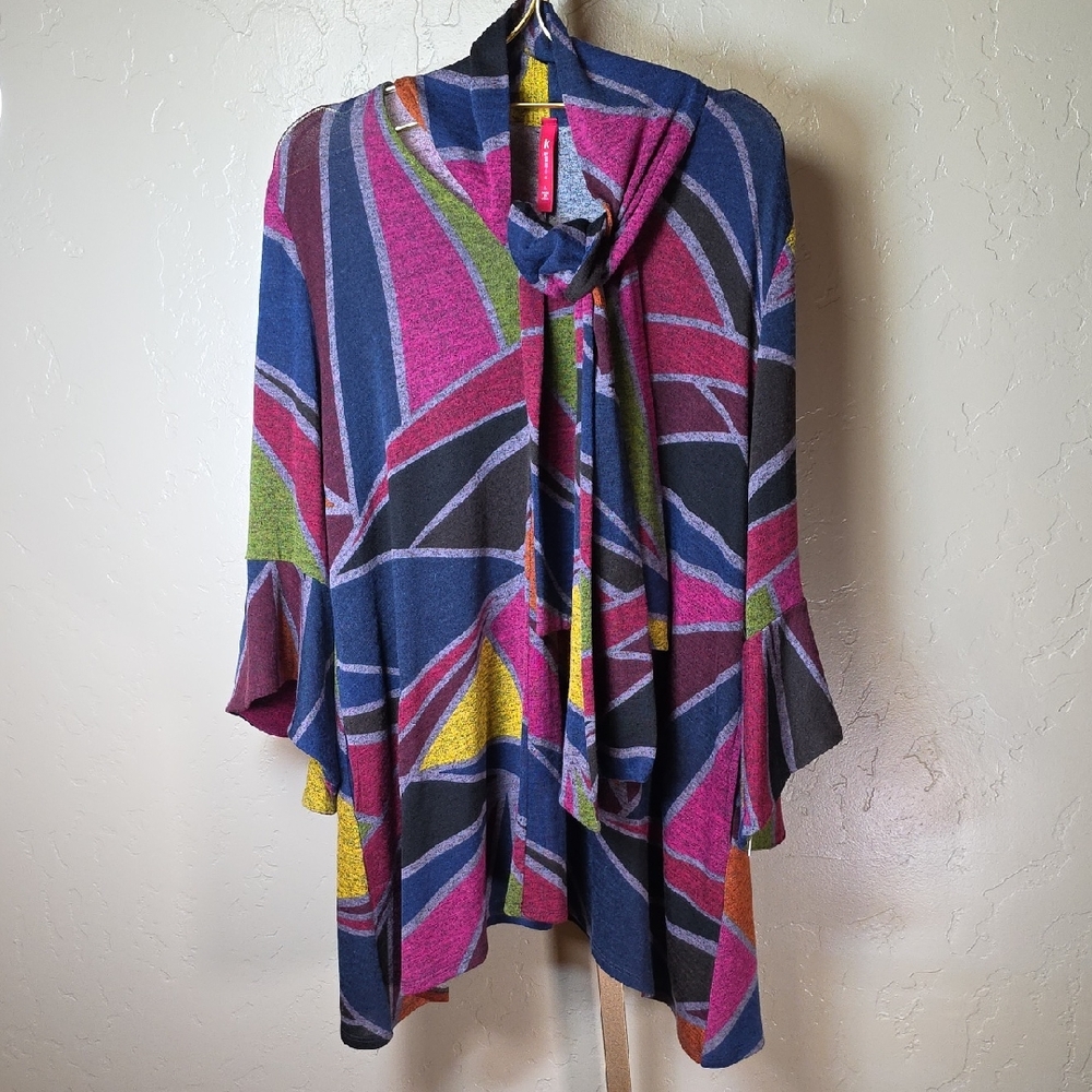 IC COLLECTION By Connie K Multicolor Geometric Tunic Scarf Bell Sleeves USA Made